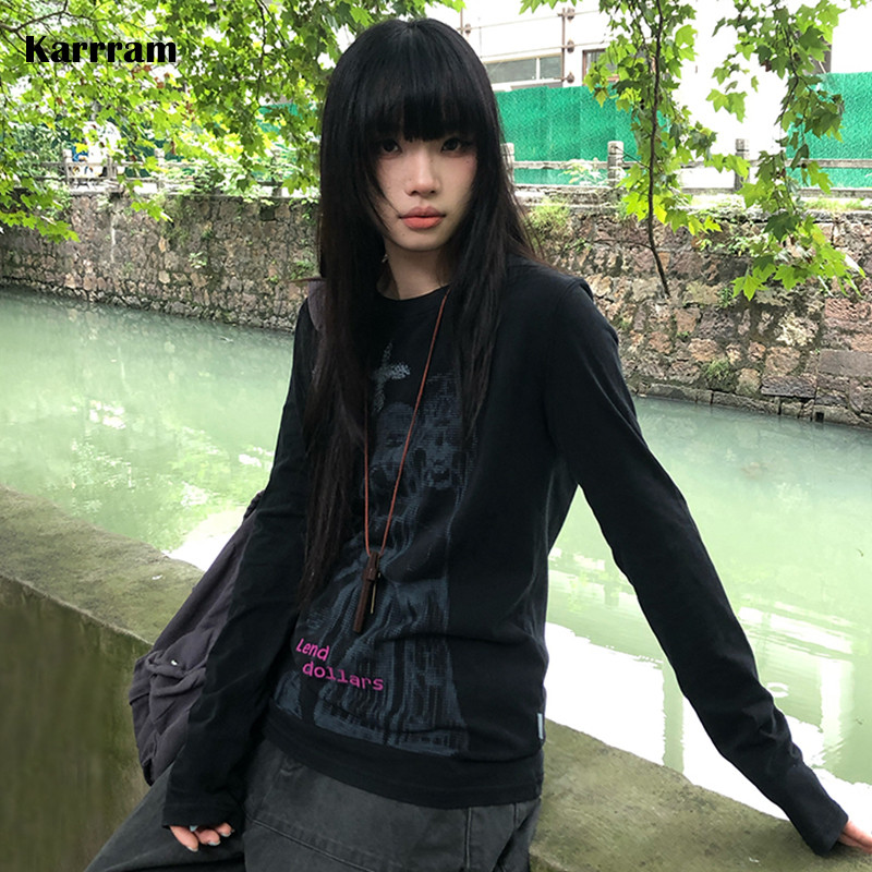 Karrram Japanese Y2K Anime Print T-Shirt Vintage Harajuku Long Sleeve Tee Shirt 2000S Aesthetics