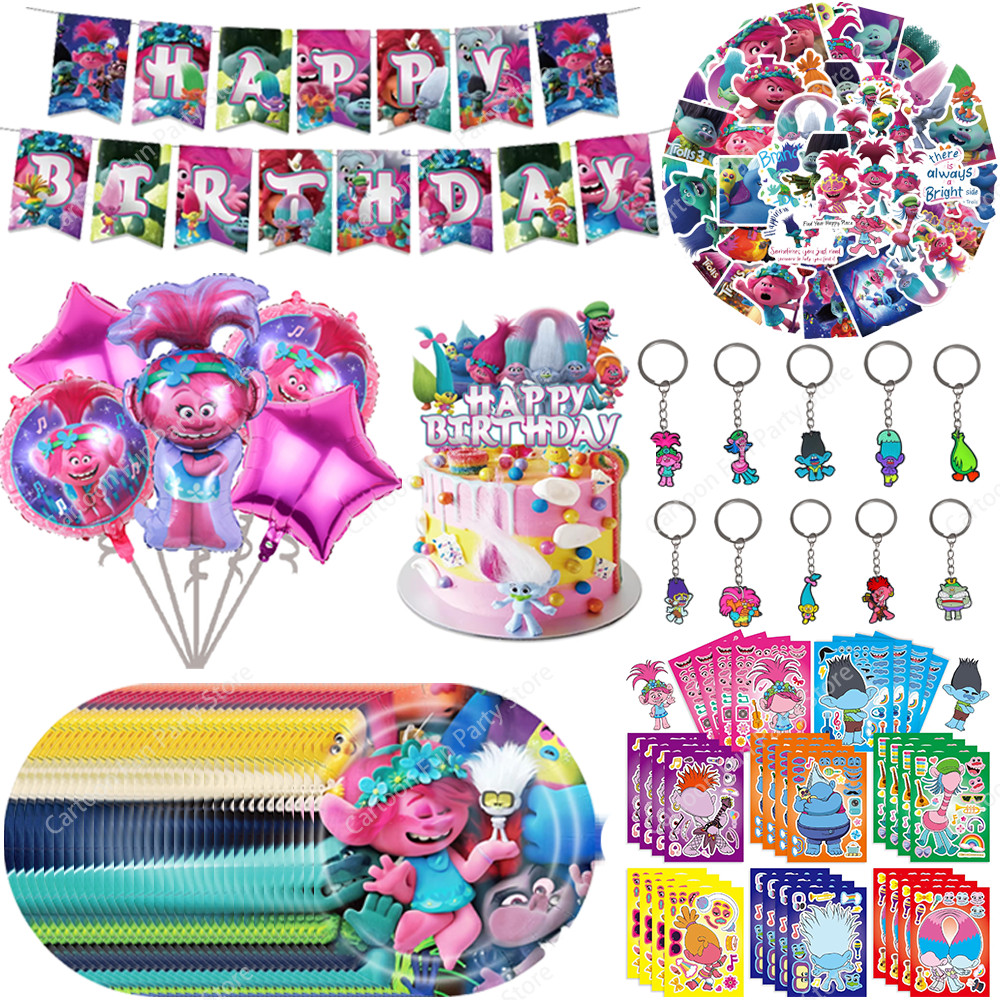 Trolls Balloon Theme Thday Party Decorations Disposable Tablecloths Sticker Keychain Tableware Cake