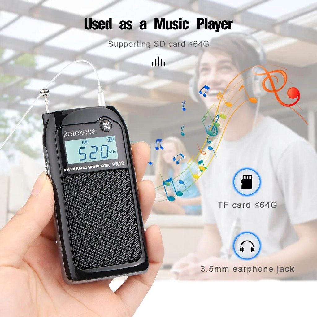 RETEKESS PR12 RADIO FM AM MINI POCKET RADIO MP3 PORTABLE RECEIVER BACKLIT DISPLAY DIGITAL STEREO