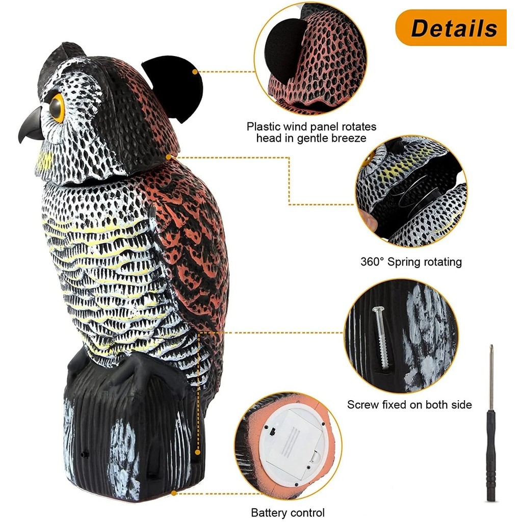 Fake Owl Decoy Plastic Owl Scarecrow Sculpture with Rotating Head and Sound for Garden Yard Bird
