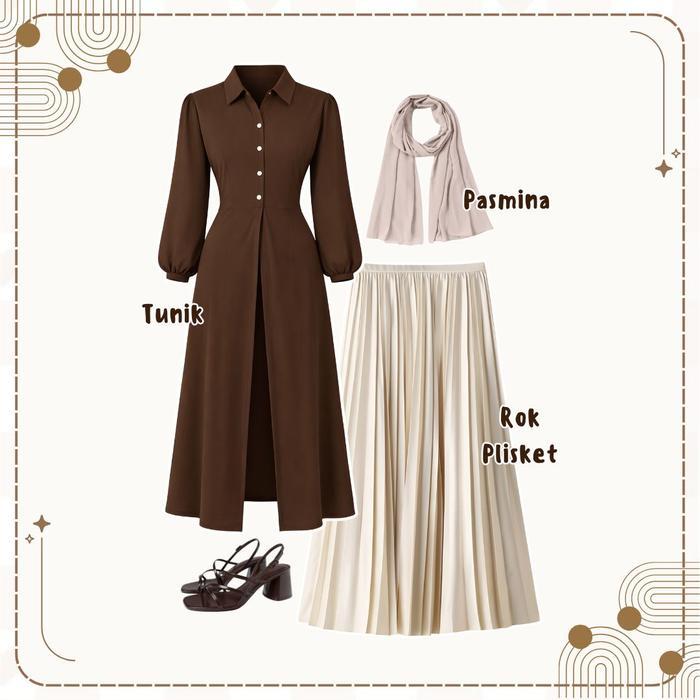 ONESET 3IN1 TUNIK CRINCLE + ROK PLISKET + HIJAB PASMINA CERUTY BABBYDOLL OOTD OUTFIT CEWEK WANITA