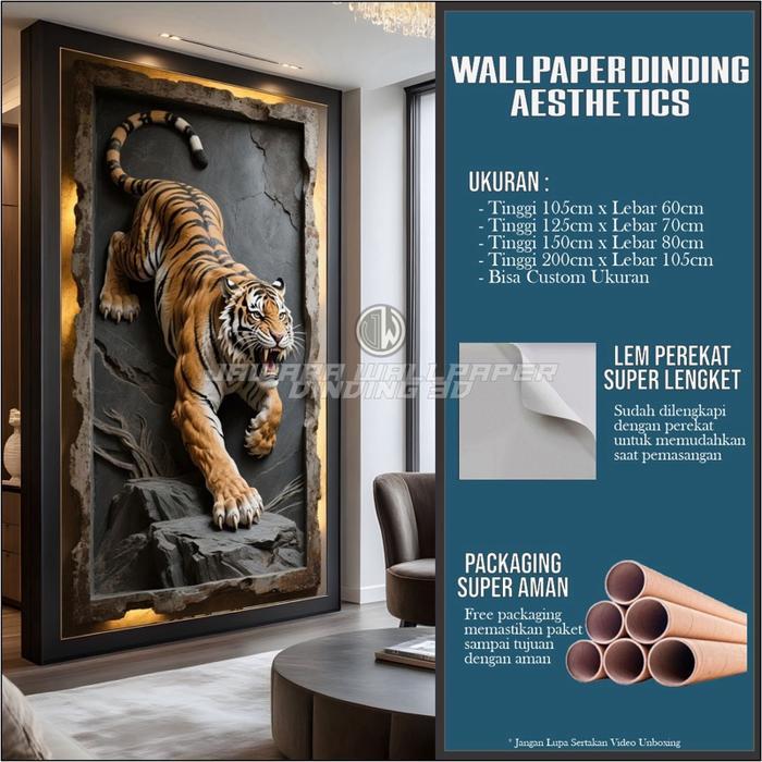 Stiker Dinding Harimau Visual 3D Dekorasi Ruangan Keren Wallpaper Dinding Motif Harimau Gagah