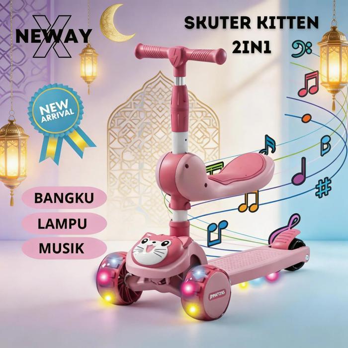 Newayx Skuter Mainan Anak Kucing Lucu 2 In 1 Scooter Lipat 2In1 Bangku Roda Tiga Lampu Musik Rem