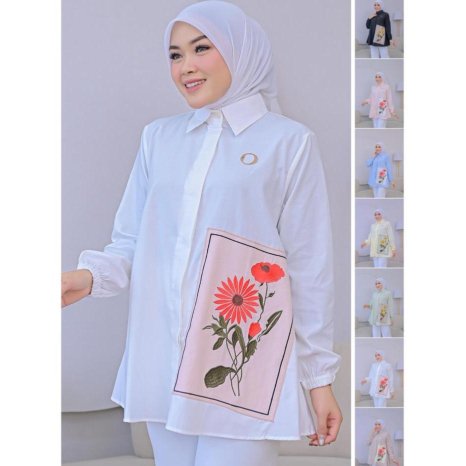 Ovi Shirt - Kemeja Tunik Wanita Motif Bordir Bunga Matahari - Atasan Muslimah Premium