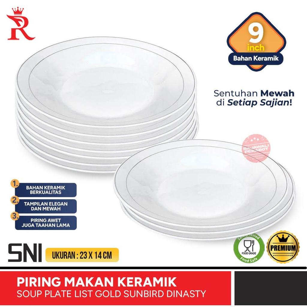 Piring Makan Keramik Putih List Emas 9 inch Dynasty SNI Premium