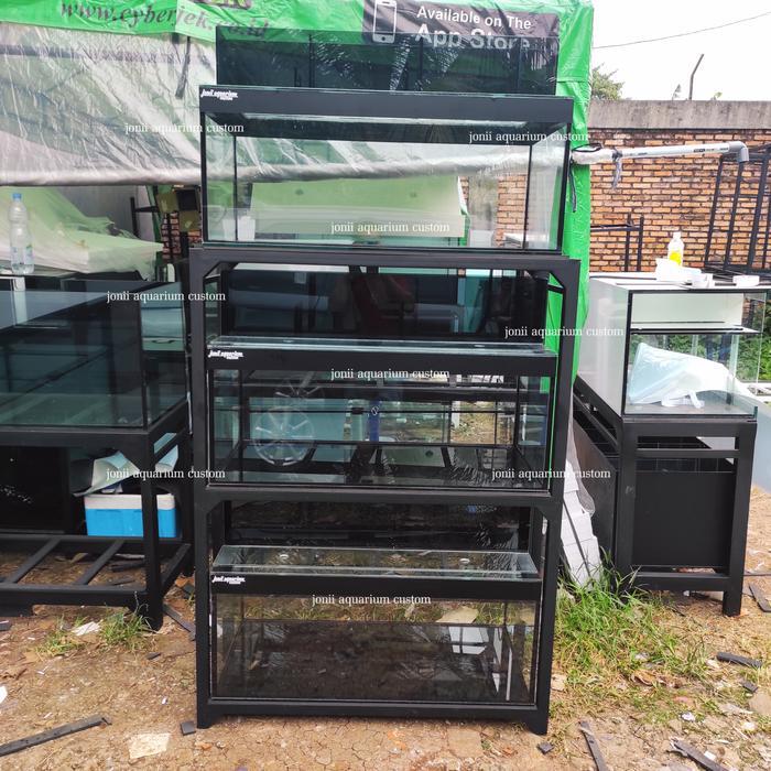 aquarium 100x50x50 10mm full stiker hitam 3 susun filter kaca & tutup