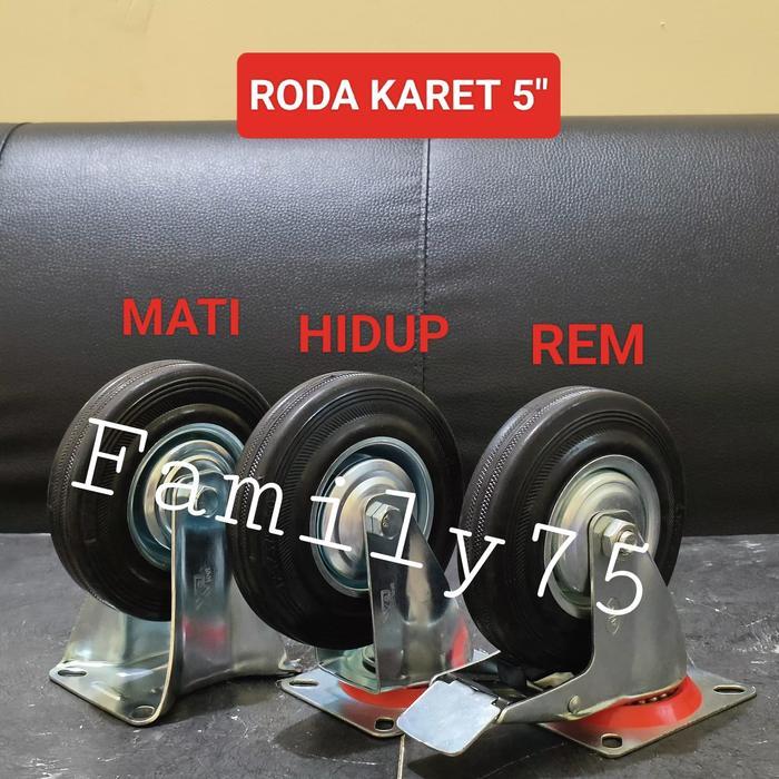 Roda troli 5 inch karet hitam Mati Hidup Rem Caster Kastor 5" Trolley