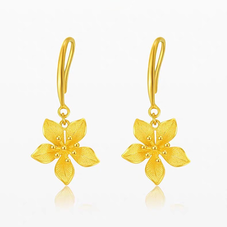 Happy Wedding Three-Life Flower Earrings AU999 Women's 24K Gold - Pure AU999, layered petals, sweet