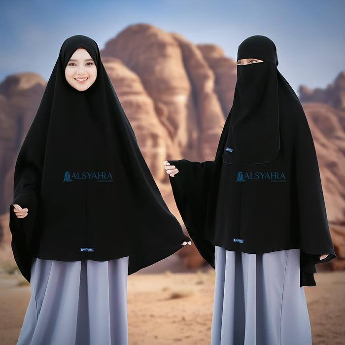 DISKON Set Khimar Marwah Non Pet Niqab Bandana Alsyahra Exclusive XL Jetblack Muslim Jilbab Syari