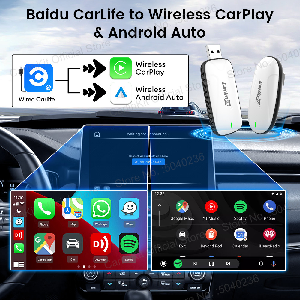 Carlinkit X1CA/X2CA Baidu CarLife to Wireless CarPlay Android Auto Adapter 2in1 Streaming Box Plug