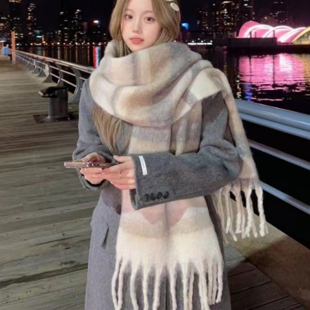 Retro Mohair Plaid Wool Scarf Tassel Winter Cashmere Scarves Warm Thicken Long Shawl Student