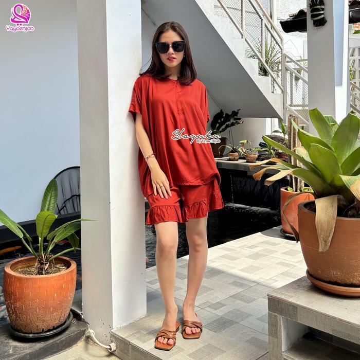 July One Set Wanita Lengan Pendek dan Celana Pendek Rayon Polos Busui Friendly