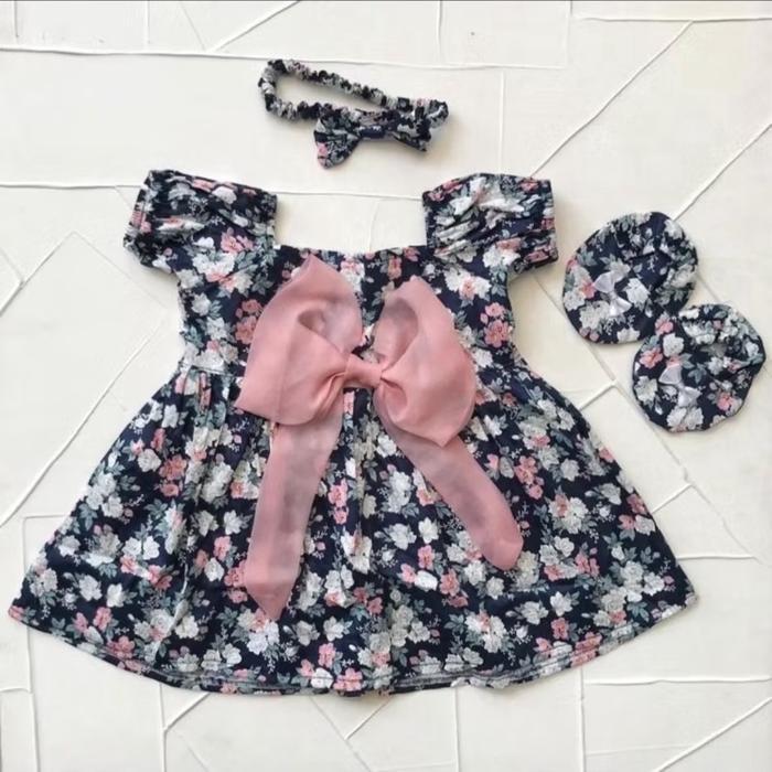 Best Seller 0-8Bulan Baju Bayi Perempuan Dress Isyana Bunga Katun Pita Organza Original
