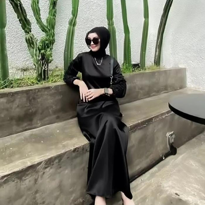 DARLA DRESS LENGAN SERUT / GAMIS SATIN SERUT Wanita Dewasa Gaun Lebaran Pesta Muslim