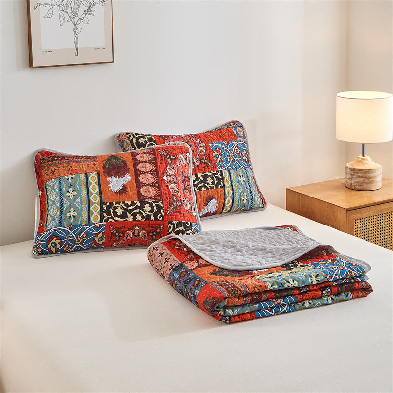 Retro Red Bedspread Set,Soft Polyester Bed Cover+Pillowcase,Quilted Flower Patchwork,Mattress Topper