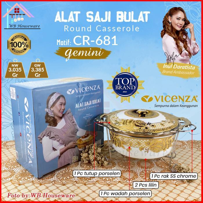 VICENZA Wadah saji makan bulat motif gemini + tutup + rak porcelain keramik / prasmanan casserole