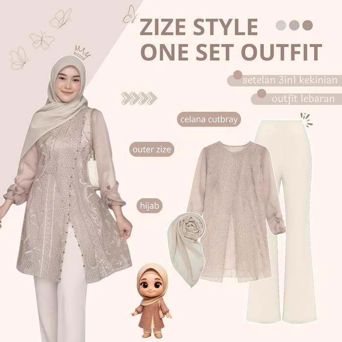 Setelan Wanita One Set Tunik Brukat + Celana Cutbray + Kerudung Outfit Style 1 Set Cewek Kece -