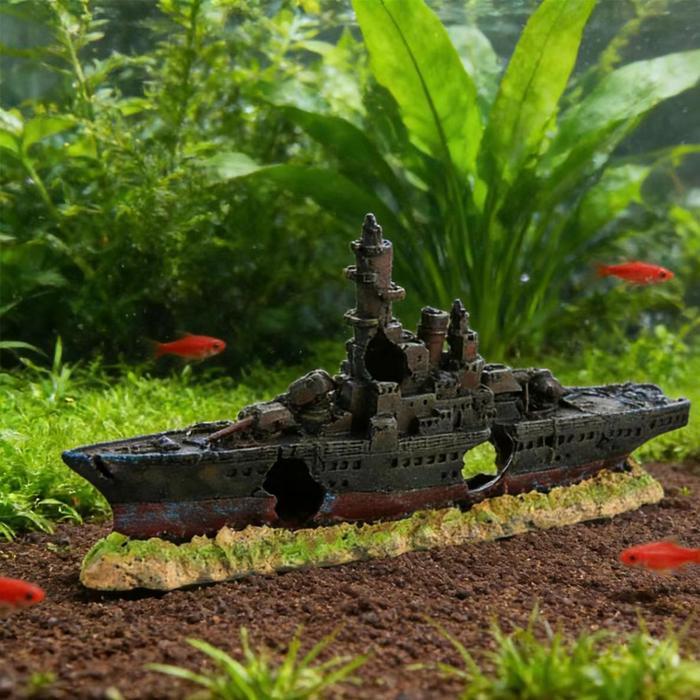 1Pc Hiasan Kapal Karam Aquarium Aquascape Realistis Tanpa Mencemari Air Ornamen Kapal Karam Resin