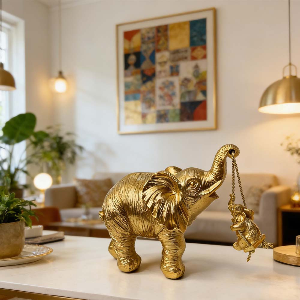 1PC Luxury Golden Elephant Ornament with A Small Swinging Elephant,Exquisite Resin Elephant Statue,