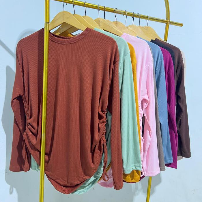 KNIT BLOUSE RIB KNIT ATASAN WANITA TALI SERUT SAMPING ATASAN WANITA LENGAN PANJANG TERBARU Baju