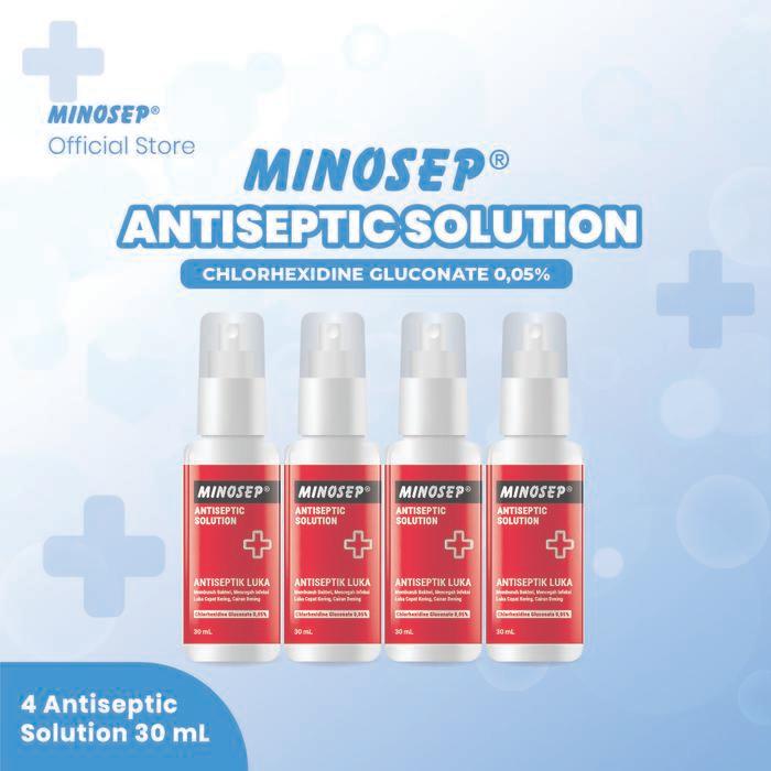 MINOSEP ANTISEPTIC SOLUTION OBAT LUKA SPRAY 30ML 4 BOTOL OBAT MERAH EKSTRASI GIGI CHLORHEXIDINE
