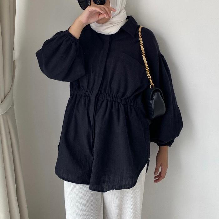 Blouse serut pinggang Baju Tangan Karet Kerah Linen Atasan Wanita