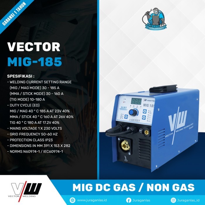 VECTOR MIG-185 GASLESS DC MIG WELDING MACHINE MESIN LAS MIG NON GAS