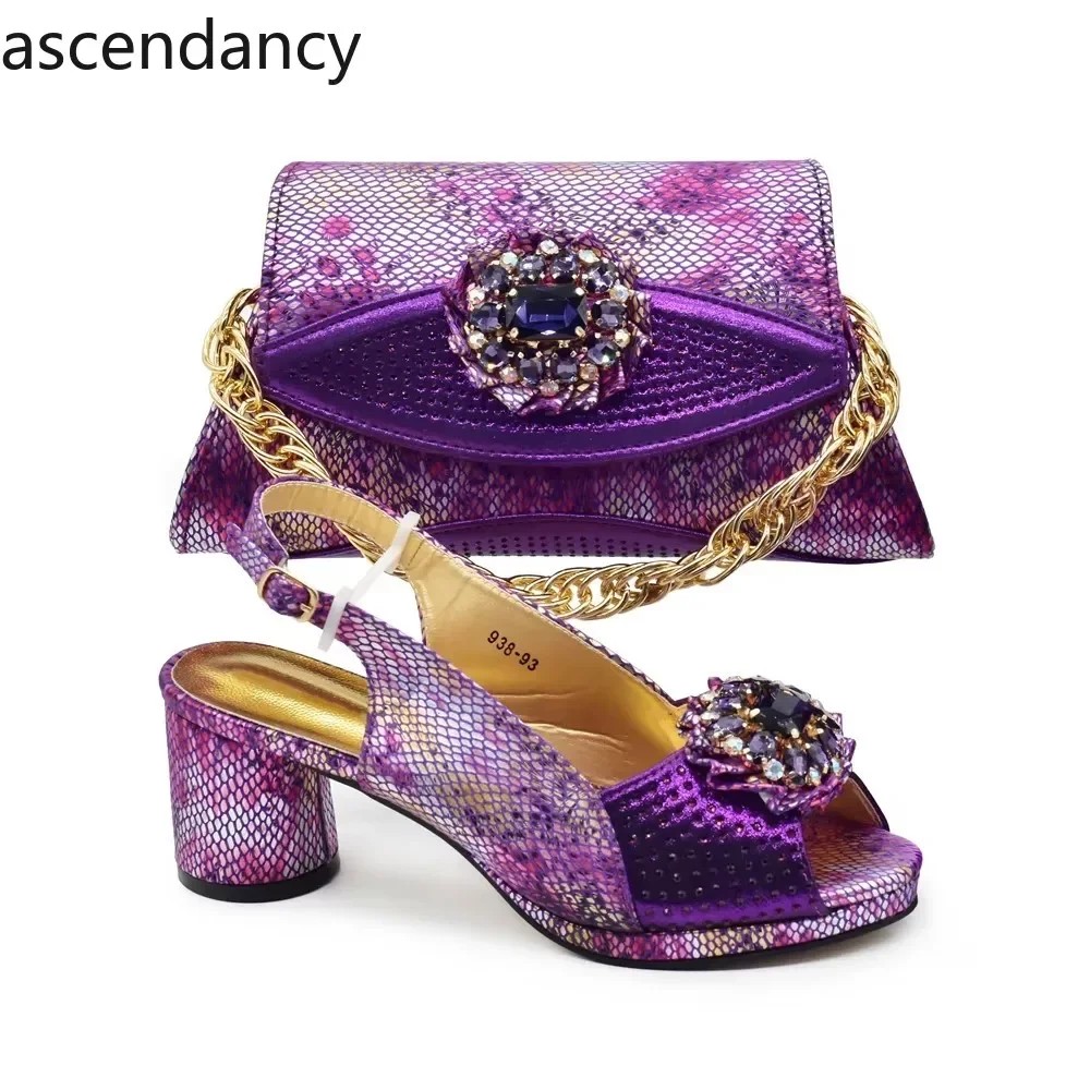 New Arrival Italian Shoes And Bags Matching Set 2024 Nigerian Heel Party For Women Purple Colour