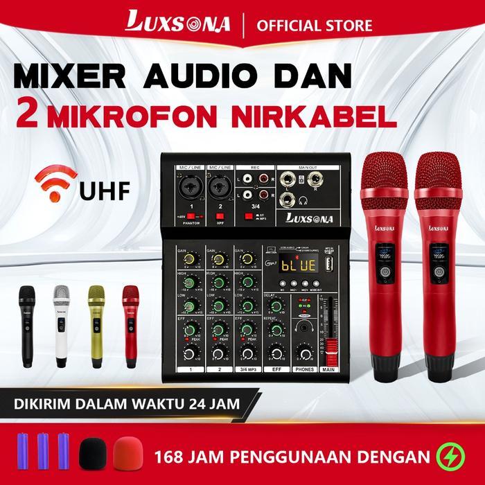 Luxsona Profesional Mixer 4 Channel+2 Mic Uhf/99Dsp Mixer Audio/ 6 Channel Mini Mixer