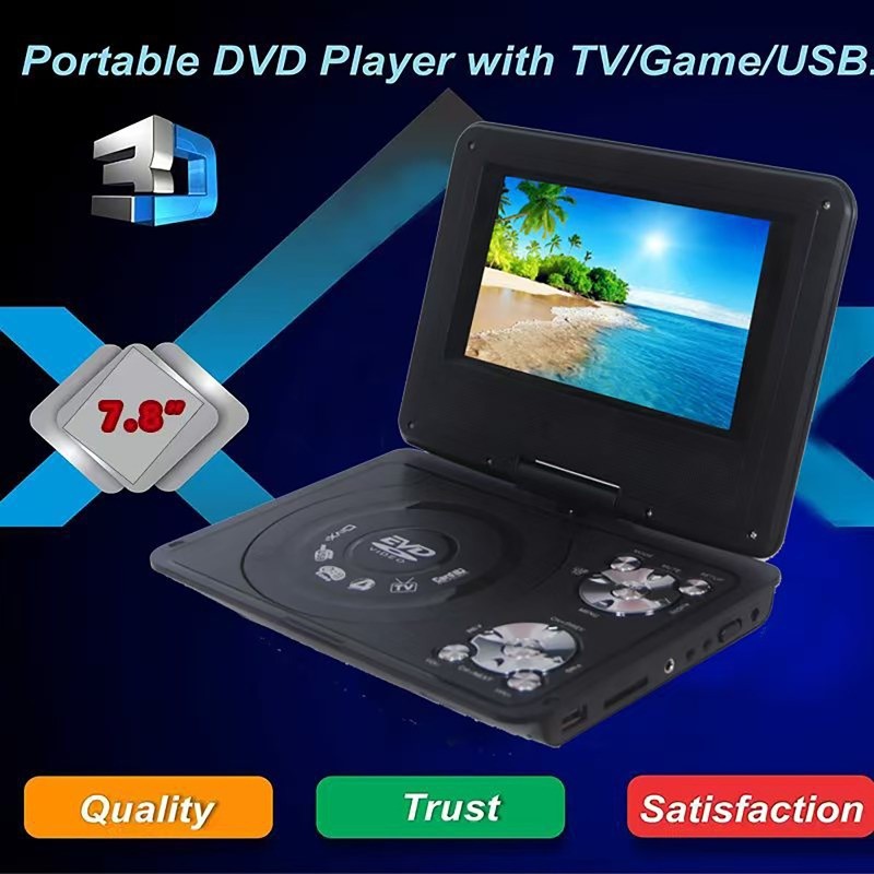 7.8inch Portable DVD Player Swivel Screen Rechargeable TV Car Charger Gamepad Car EVD Player Car DVD