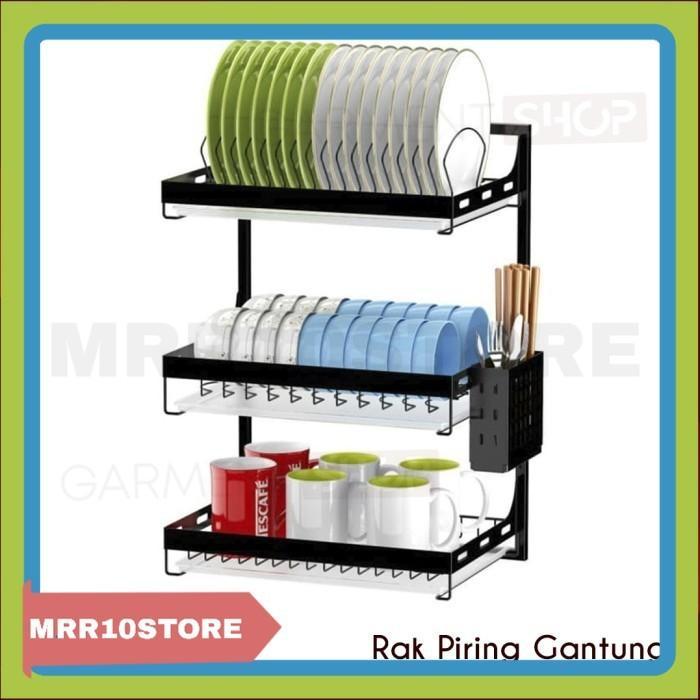 Rak Piring Gantung Tempel Dinding Stainless Steel Hitam Kuat Premium