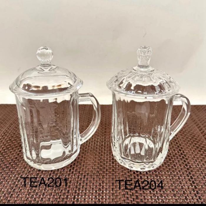 Mug gelas kaca bening 350 ml dengan tutup kaca
