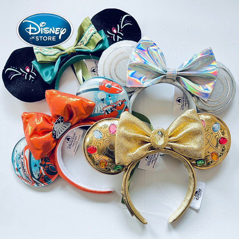 Original Disney Mickey Ears Headband Shanghai Disneyland Minnie Leather Headband Hairband Sequin Bow