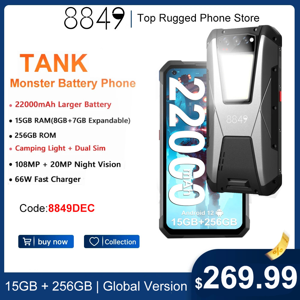 8849 By Unihertz Tank 22000mAh Battery Rugged Smartphone 15GB 256GB 108MP G99 Night Vision Cellphone