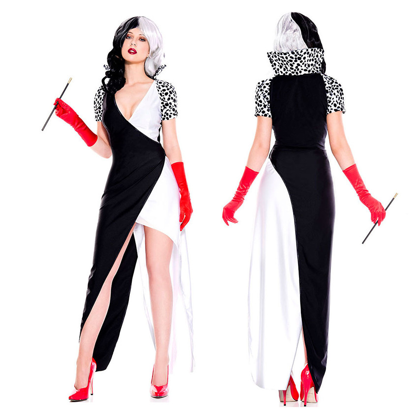 Cruella De Vil 101 Dalmatians Dress Cloak Halloween Costumes For Woman Witch Cruella Cosplay Anime
