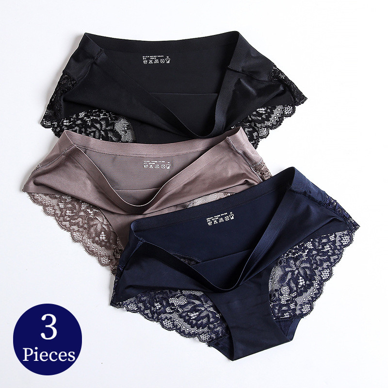 Trowbridge 3Pcs/Set Women'S Panties Exquisite Lace Underwear Lingerie Big Size Sweet Silk Satin