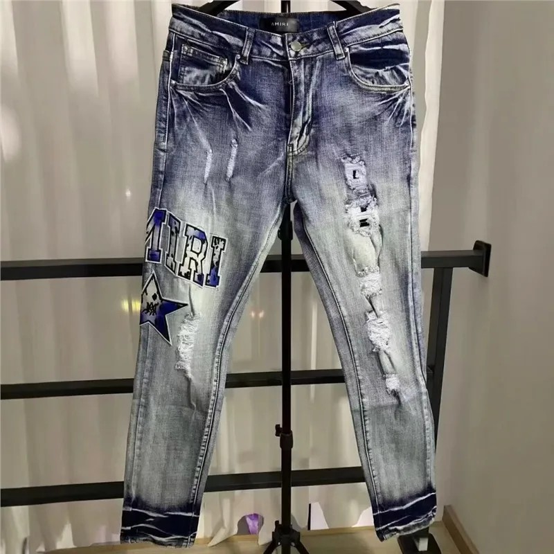 AMIRI High Street Punk Style Men's Jeans Embroidered Patch Slim Fit Elastic Cuffed Ankle Length with
