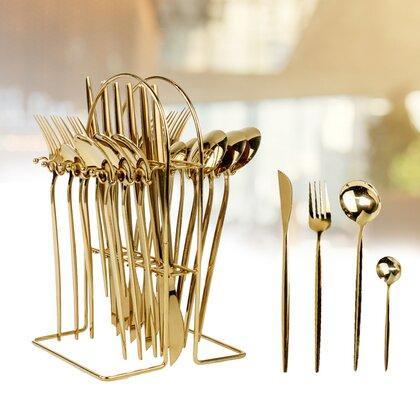 Set Alat Makan Stainless Steel - Sendok dan Garpu Elegan - 24 PCS - Warna Emas - Ideal untuk