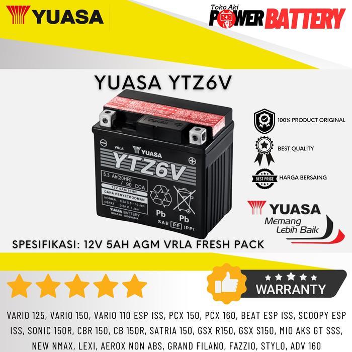 Aki Motor Yuasa Ytz6V Gtz6V Gtz 6V Vario 125 150 Pcx Scoopy Fi Cb Cbr