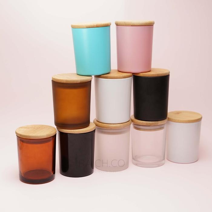 "New" 175Gr Frosted Glass Jar Wood Frosted Amber Tempat Lilin Candle Kayu