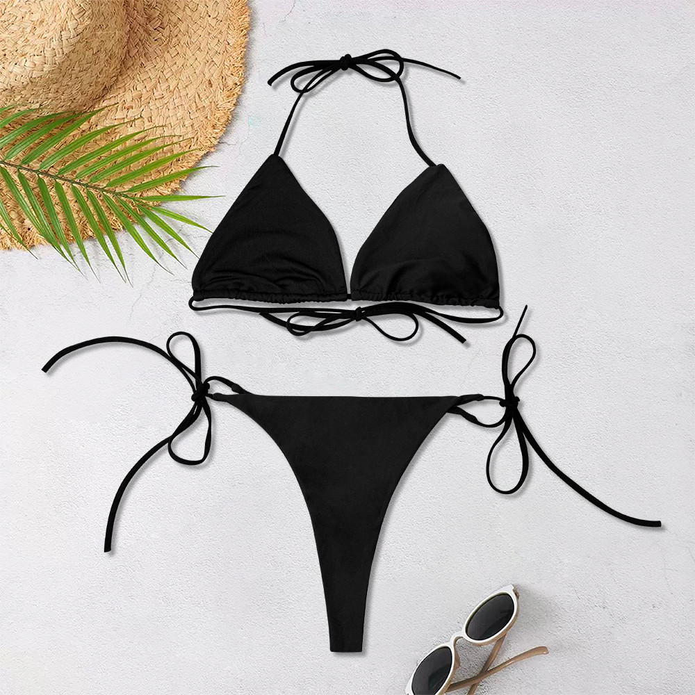 2025 New Women's Solid-color Separate Beach Wear Sexy Halter Three-point Bikini Backless Adjustable