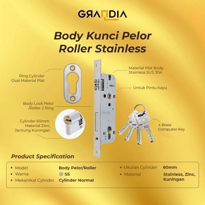 Rds - Body Kunci Rollerpelor 2R Roller Pintu Silinder 4 Anak Kunci 60Mm Grandia