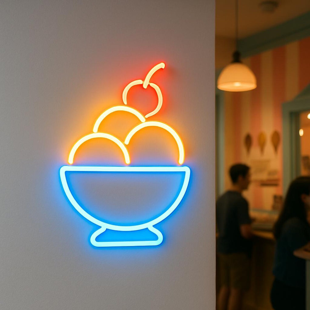 Bigger Sized Ice Cream Bowl and Cherry Neon Sign,Dessert Neon Decor,Gift for Ice Cream Shops