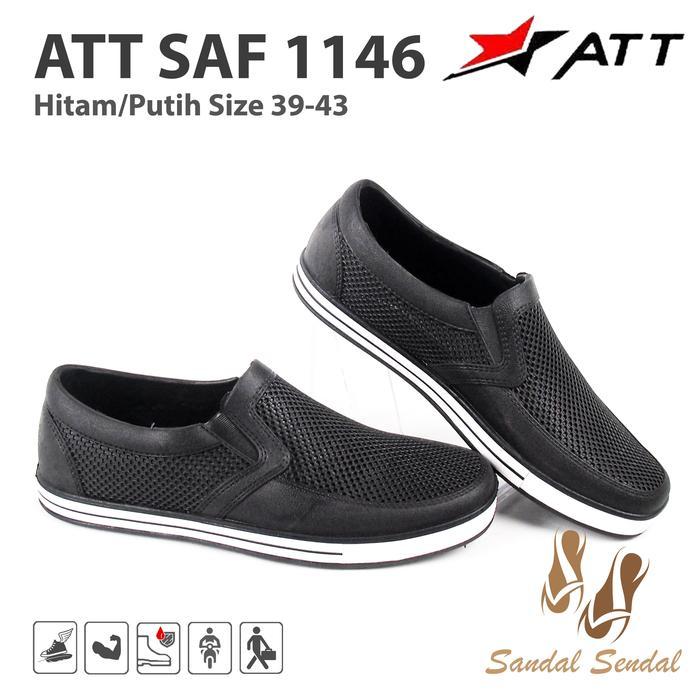 Compass - Sepatu Pantofel Karet Pria Att Saf 1146 Hitam Putih Flat Shoes Kerja