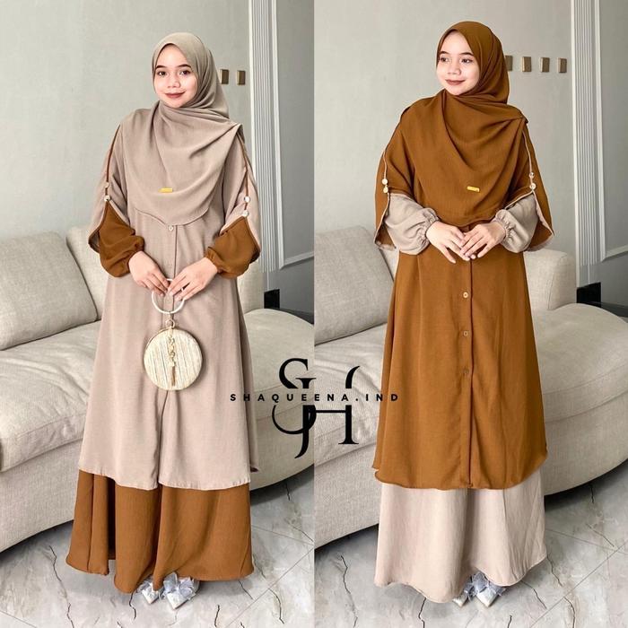 (Ready) Setelan Rok One Set Rok Tunik SyarI Full Kancing Set Rok Tunik Malaya Set Pashmina Oval