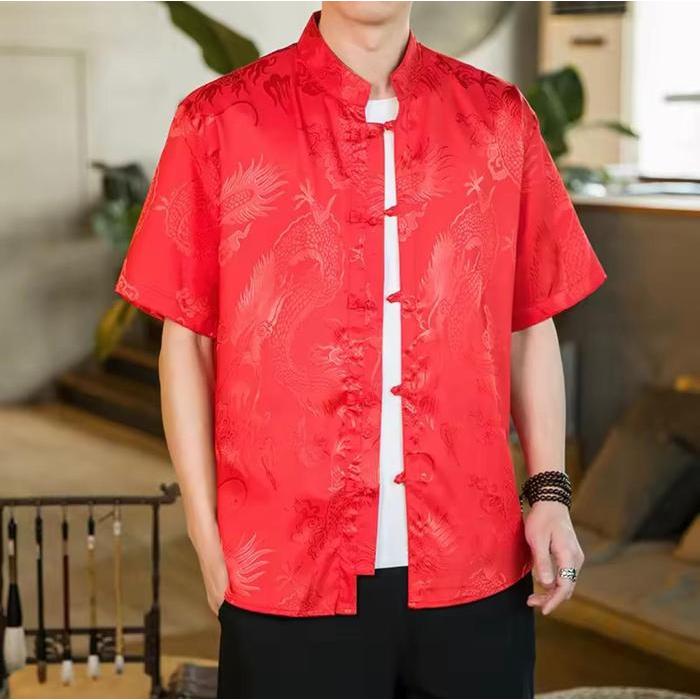 Restok Cheongsam Pria Lengan Pendek Motif Naga Import