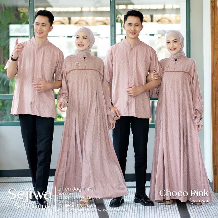 Sejiwa Set Couple Dress Kurta Muslim Linen Jacquard Motif Batik Gamis Koko Baju Keluarga Suami Istri