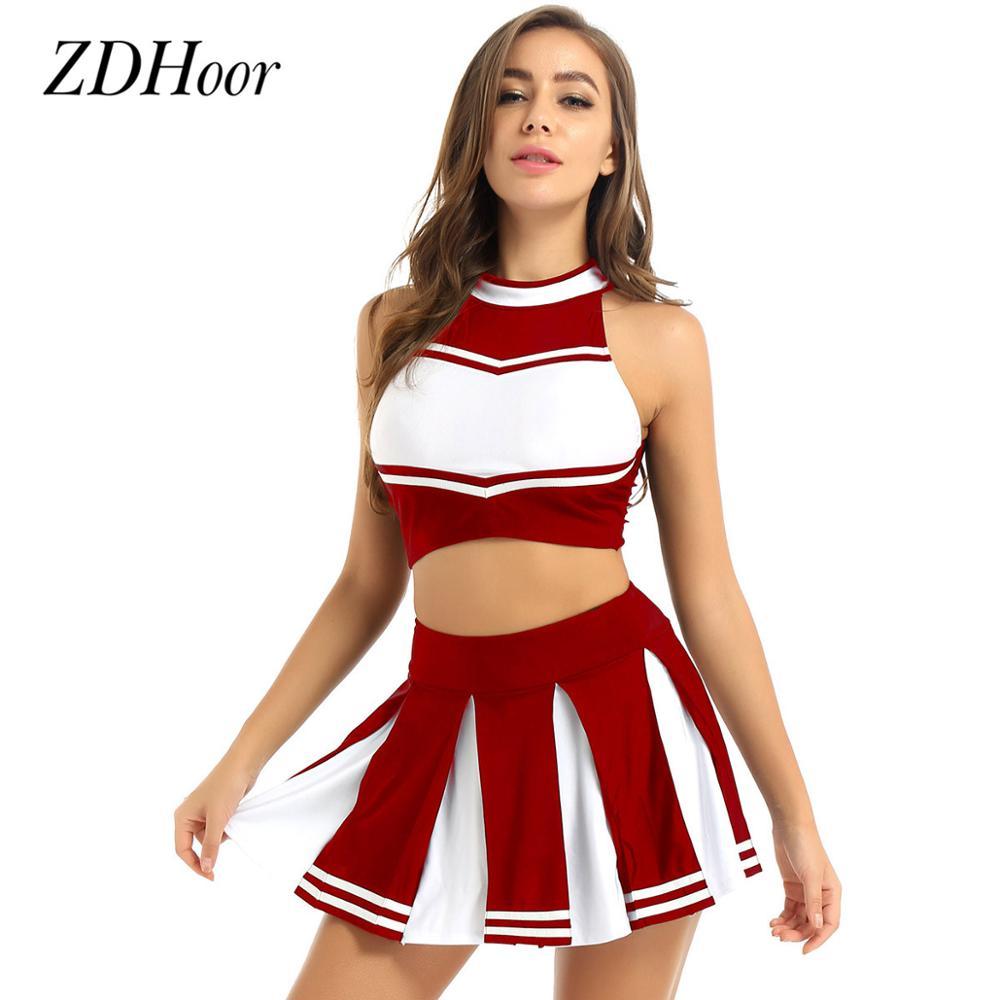 School Girl Cheerleader Costume Women Cheerleading Uniform Dancing Outfit Sleeveless Crop Top With