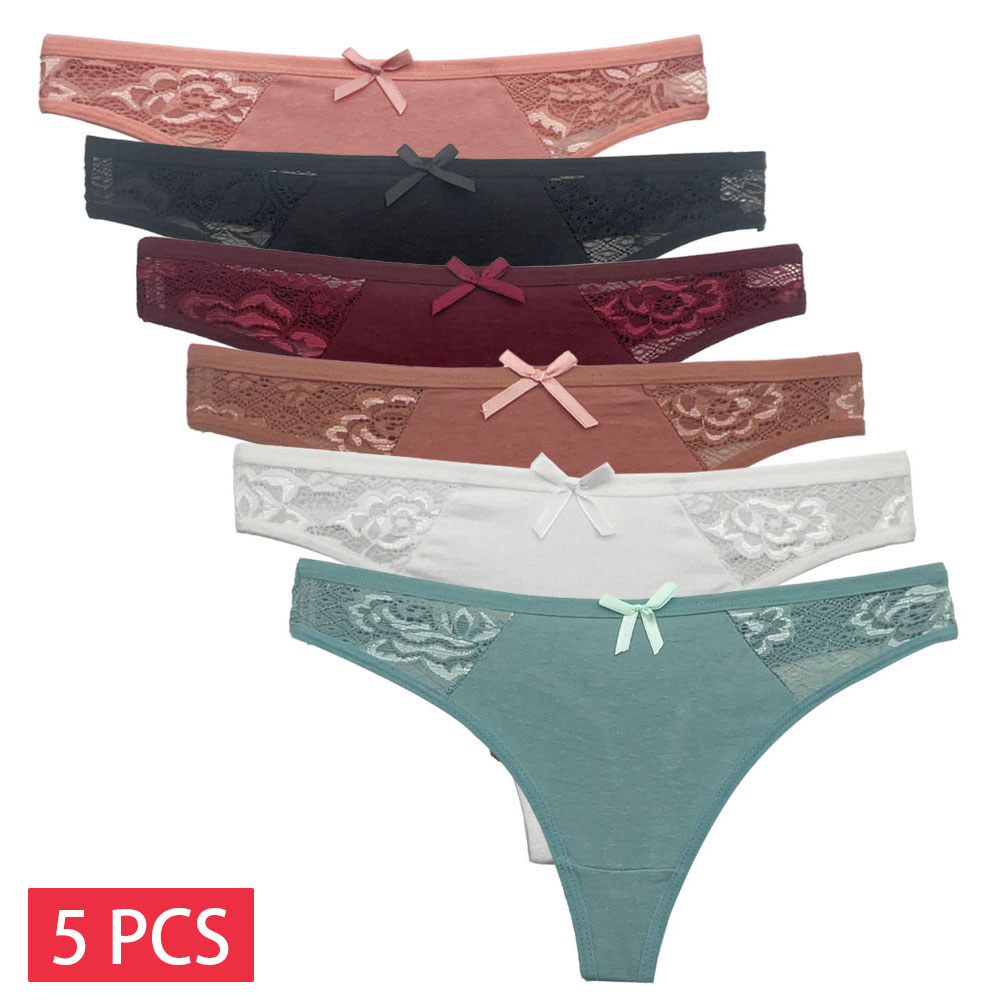5 Pcs/Set Cotton Thong Women Underwear Sexy Lace Panties Female Underpants Solid Color Panties