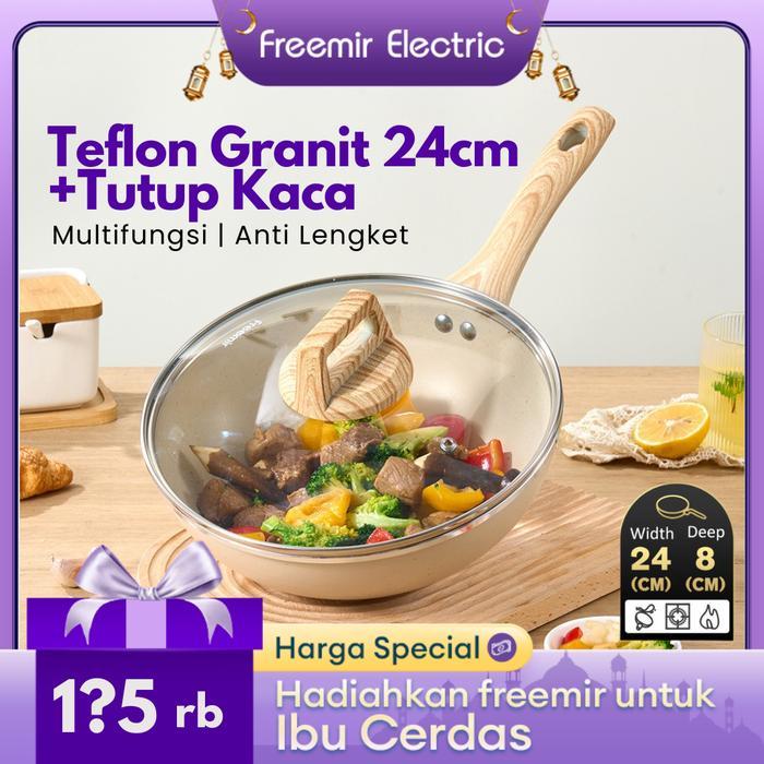 [BARU] freemir Beige 24cm Wajan Wokpan Panci Anti Lengket Satu Gagang +Tutup Kaca Teflon Multifungsi